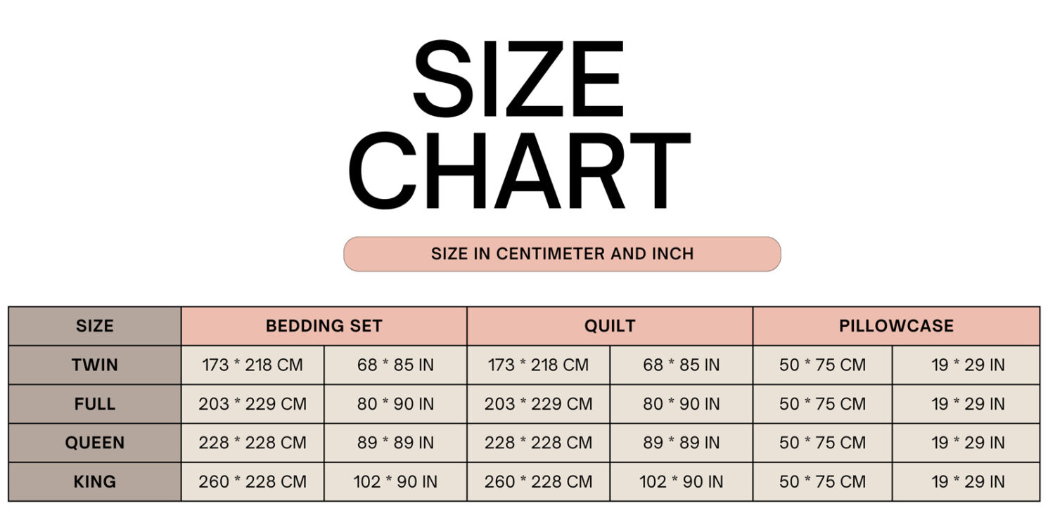 size chart bedding set