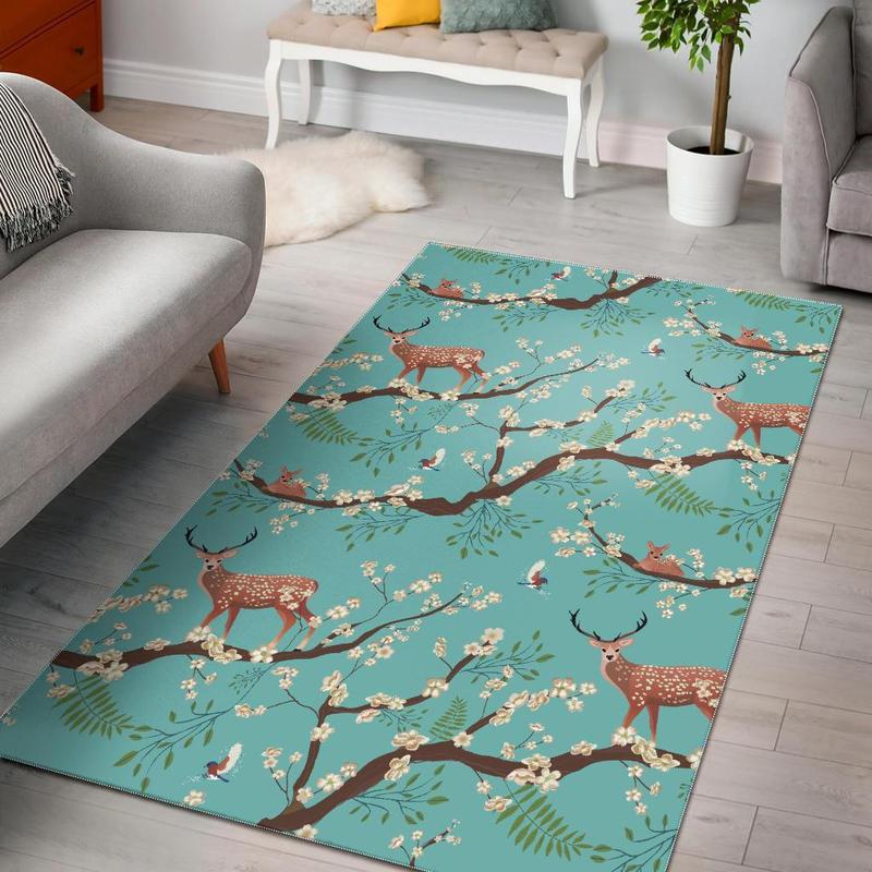 Deer Blossom Tree Pattern Print Area Rug Living Room Rug