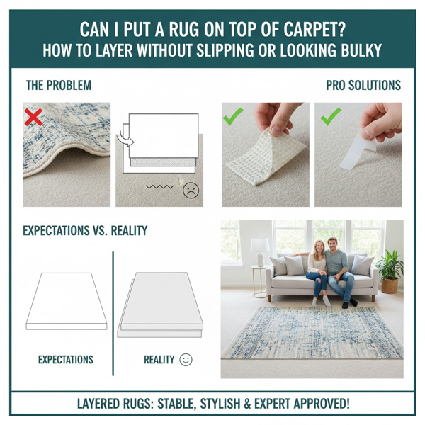 Can I Put a Rug on Top of Carpet? How to Layer Without Slipping or Looking Bulky Can I Put a Rug on Top of Carpet? How to Layer Without Slipping or Looking Bulky