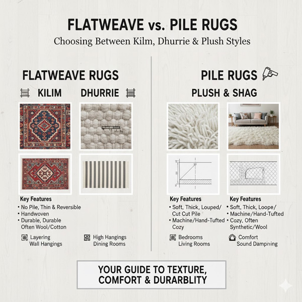 Flatweave vs. Pile Rugs: Choosing Between Kilim, Dhurrie & Plush Styles Flatweave vs. Pile Rugs: Choosing Between Kilim, Dhurrie & Plush Styles