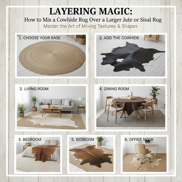 Layering Magic: How to Mix a Cowhide Rug Over a Larger Jute or Sisal Rug Layering Magic: How to Mix a Cowhide Rug Over a Larger Jute or Sisal Rug