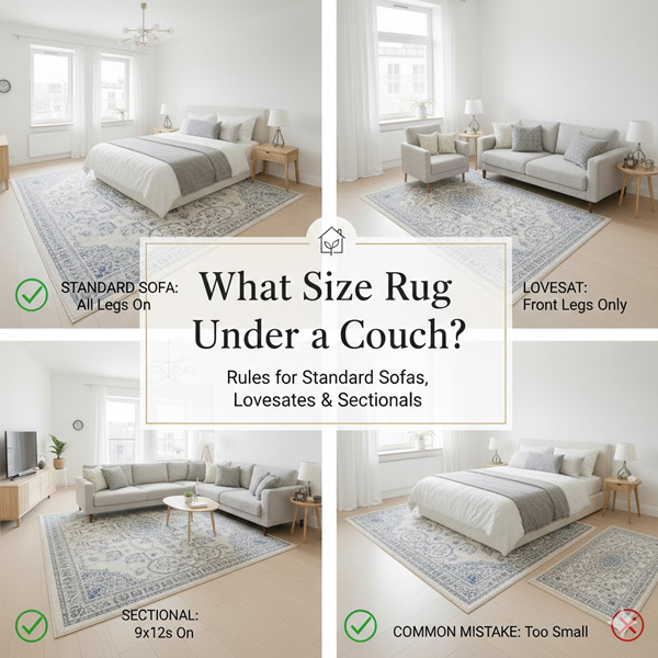 What Size Rug Under a Couch? Rules for Standard Sofas, Loveseats & Sectionals What Size Rug Under a Couch? Rules for Standard Sofas, Loveseats & Sectionals